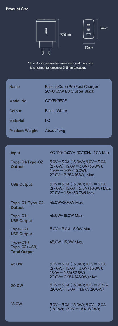 Ładowarka Baseus 65W USB C GaN, wspiera ładowanie QC PD, przenośna szybka ładowarka do iPhone'a 17 16 15, Xiaomi, ładowarka do laptopa