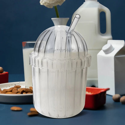Glass Straw Cup High Borosilicate Clear Large Capacity Vertical Stripe Design Reusable Juice Milk Beverage Drinking Glass