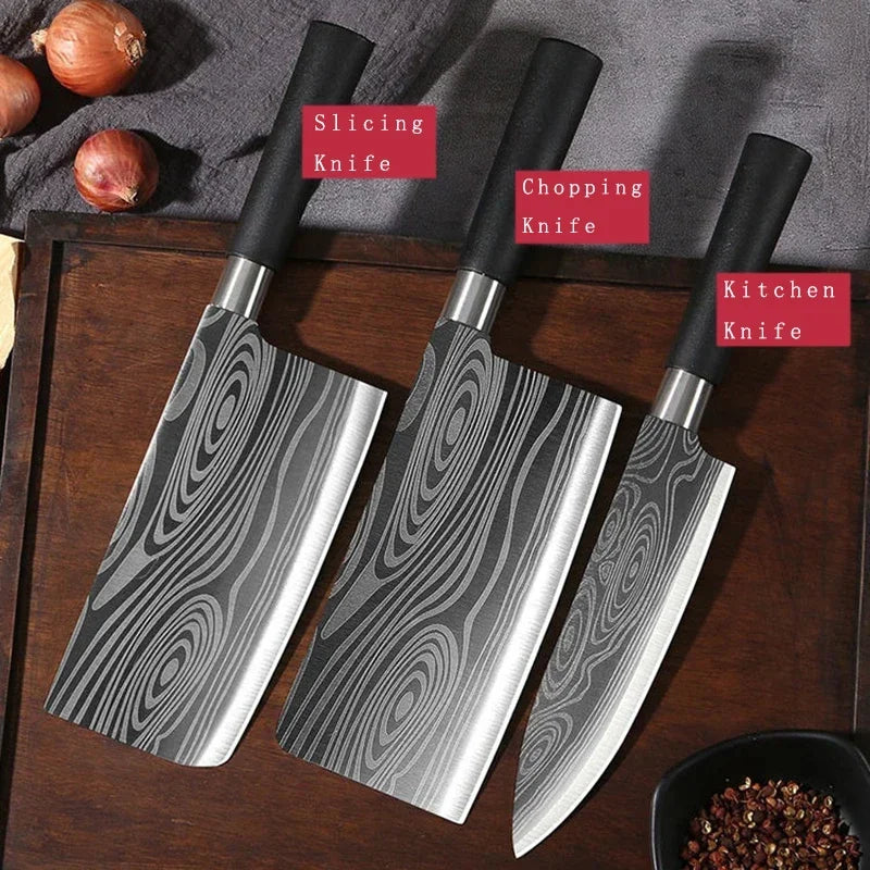 Laser Damascus Pattern Utility Kitchen Knives Set, Stainless Steel Sharp Slicing Chef Knife, Scissors & Sharpening Rod Cooking T