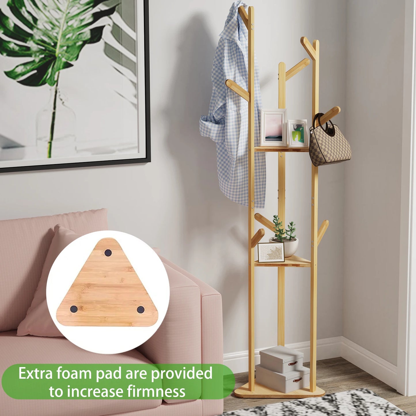 Bamboo Corner Tree Coat Rack Stand with Hooks And Shelves Clothes Hanger for Entryway Bedroom Organization