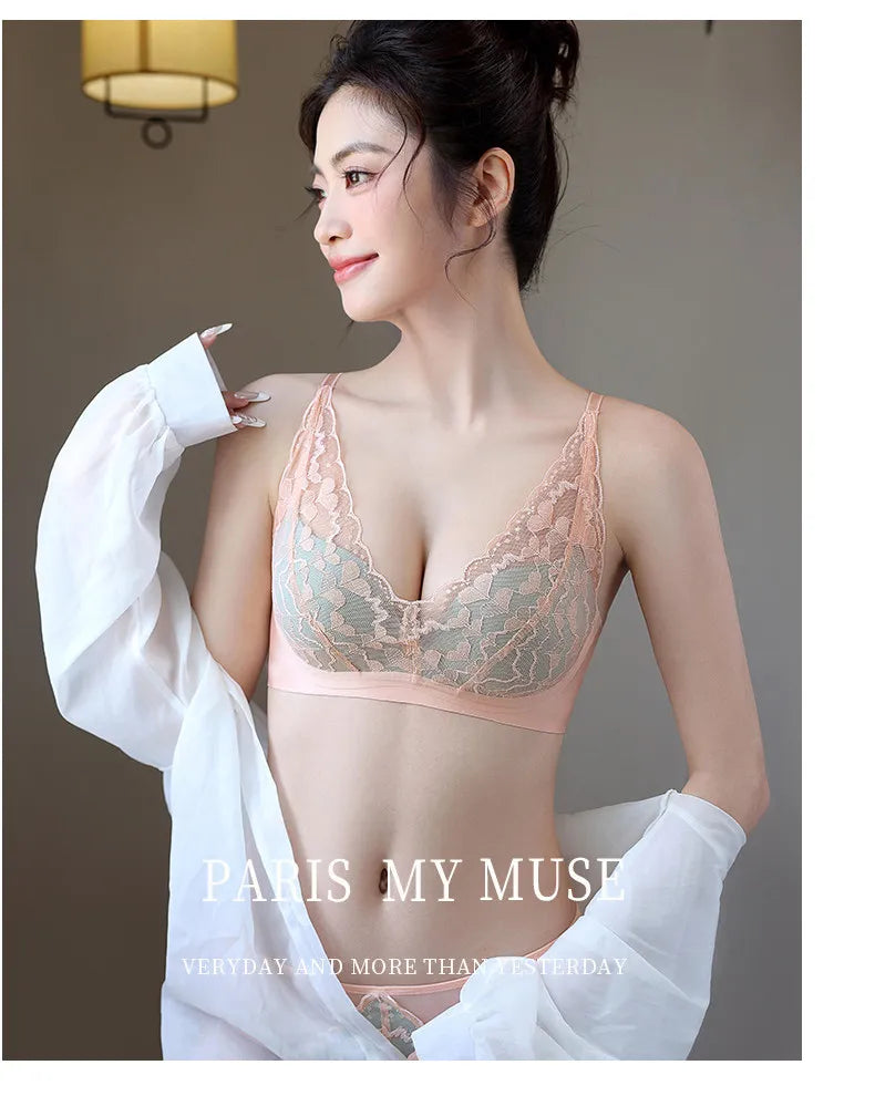 French Sexy Lace Bra and Panty Set for Women, Push Up Wireless Bralette, Comfortable & Breathable Small Chest, Bestseller MOYISU