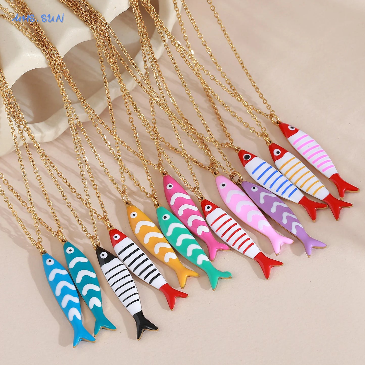Cute Colorful Enamel Fish Pendant Necklaces For Women Girls Lovely Stainless Steel Gold Color Summer Waterproof Beach Jewelry