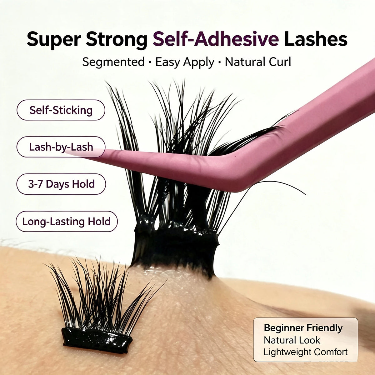 2‑5 Days Strong Hold Press On Cluster Lashes Wide Black Pre‑glued Band Self Adhesive Eyelashes NEW No Glue Need Lash Clusters