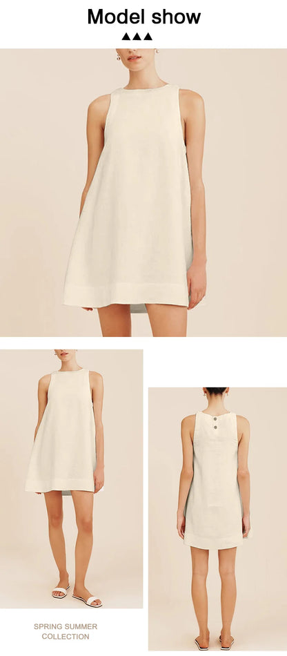 Classic Solid Color Cotton-Linen Women's Dress New Arrival Simple Sleeveless Tank Dress Casual Round-Neck Summer Dresses