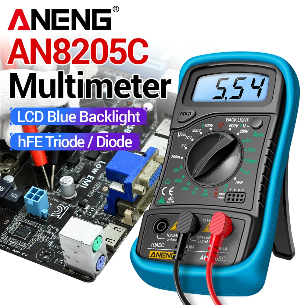Digital Multimeter Professional ANENG AN8205C AC/DC Voltage Meter DC Current Resistance Diode -40℃~1000℃ LCD Backlight Tester