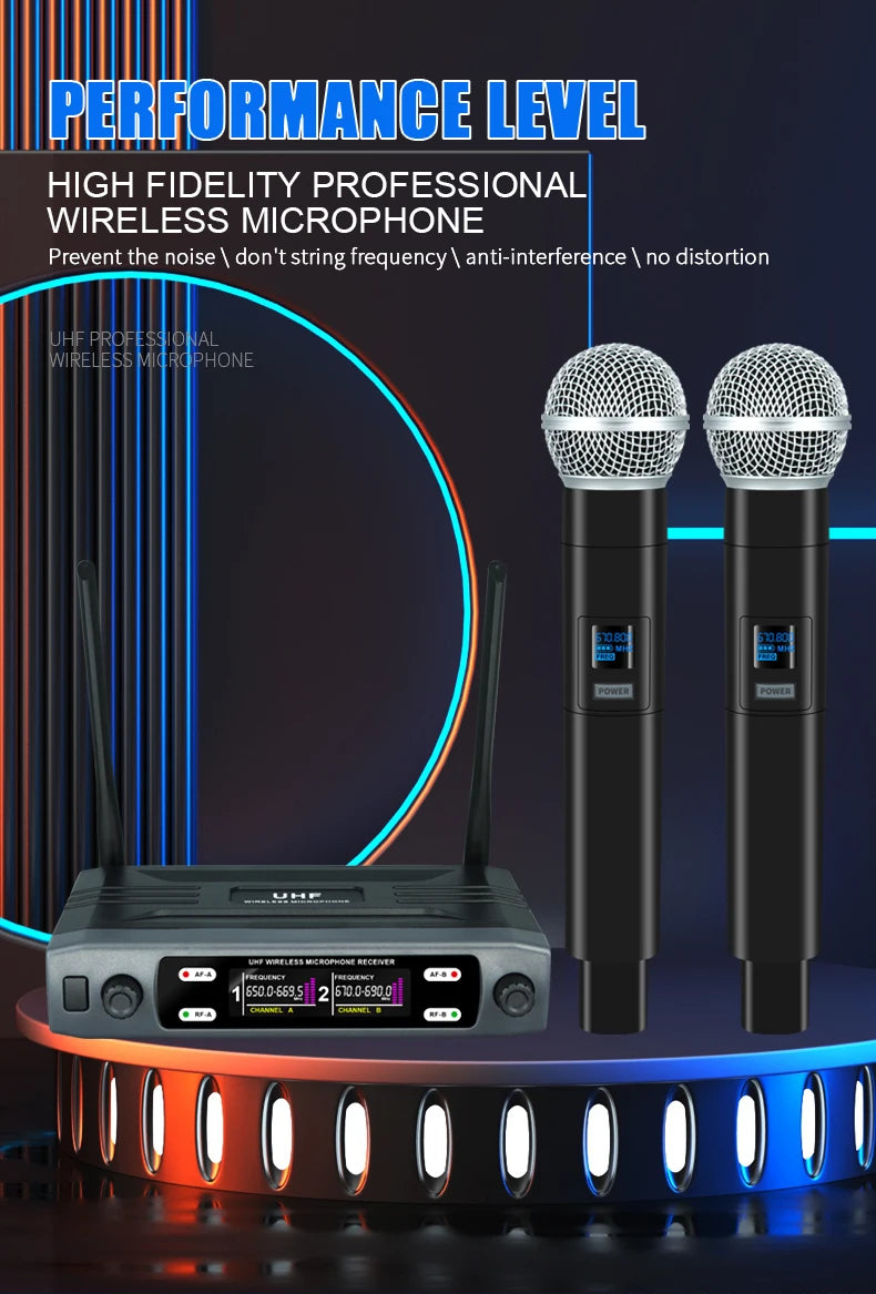Wireless Microphone Handheld Dual Channels UHF Fixed Frequency Dynamic Mic For Karaoke Wedding Party Band Church Show