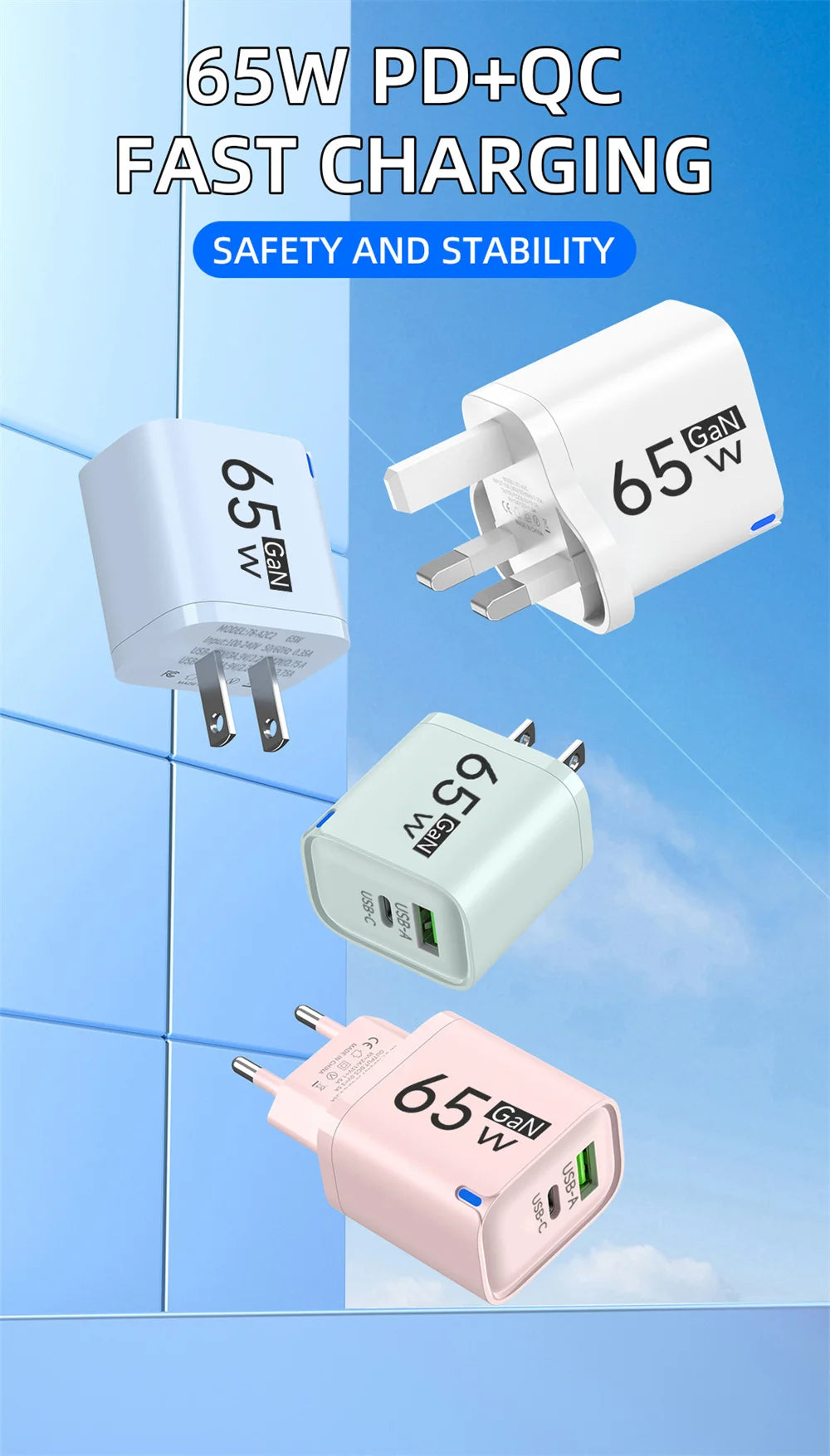 65W USB Fast Charging Charger Type C Quick Charger Portable Mobile Phone Plug EU/US/UK Wall Adapter For iPhone Samsung Xiaomi