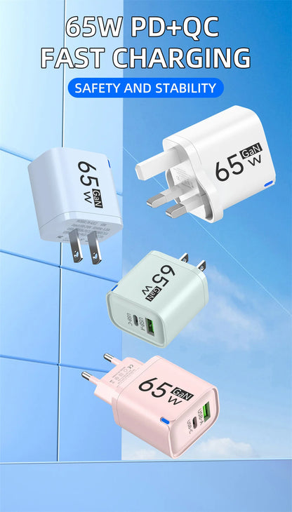 65W USB Fast Charging Charger Type C Quick Charger Portable Mobile Phone Plug EU/US/UK Wall Adapter For iPhone Samsung Xiaomi