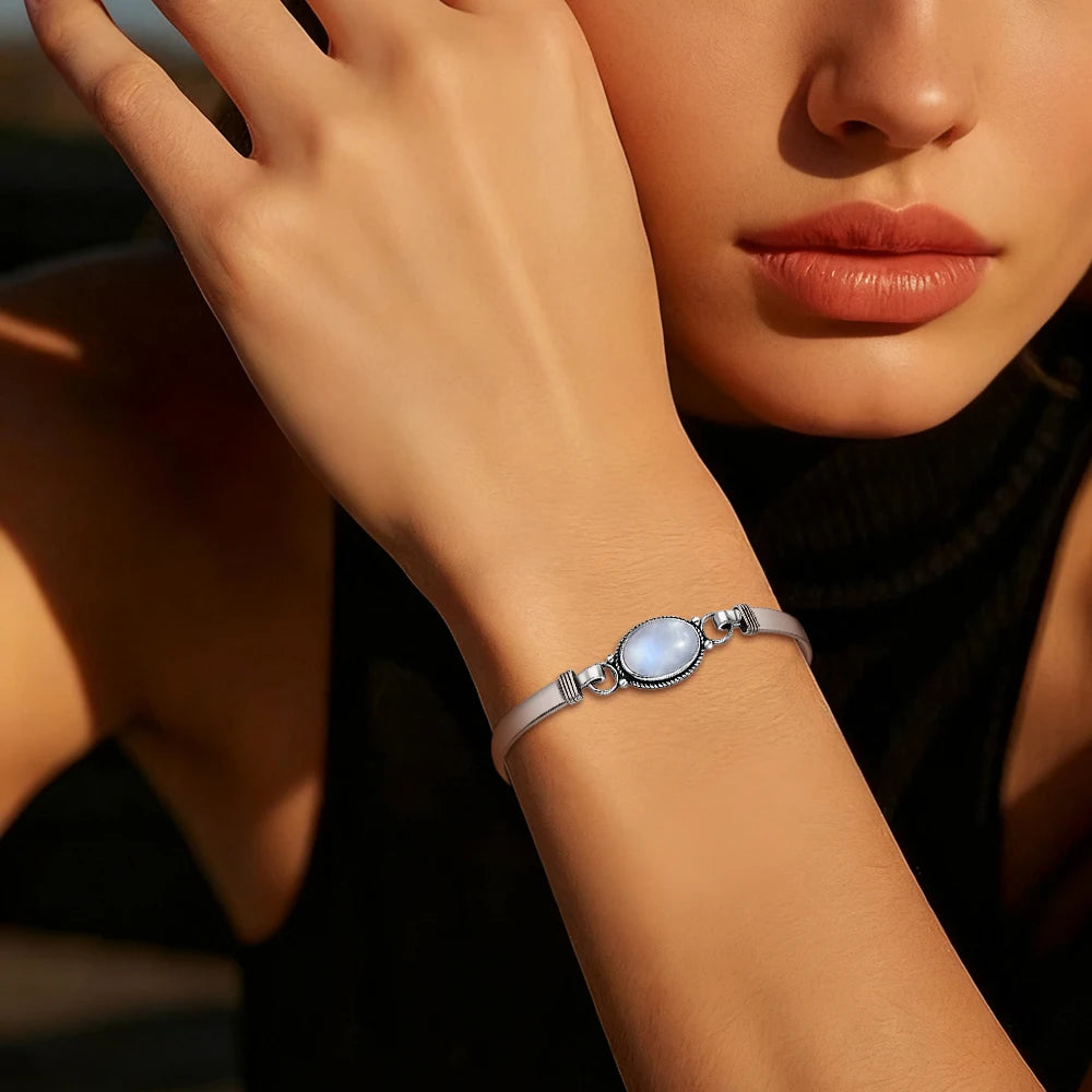 Vintage 925 Silver Natural Oval Moonstone Bangle Bracelets Handmade Birthstone Bangle Gifts Fine Jewelry for Women Men