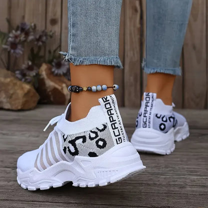 Leopard Print Knit Women's Sneakers Breathable Mesh Lace Up Casual Walking Shoes Non-Slip Thick Sole Fashion Sport Trainers for