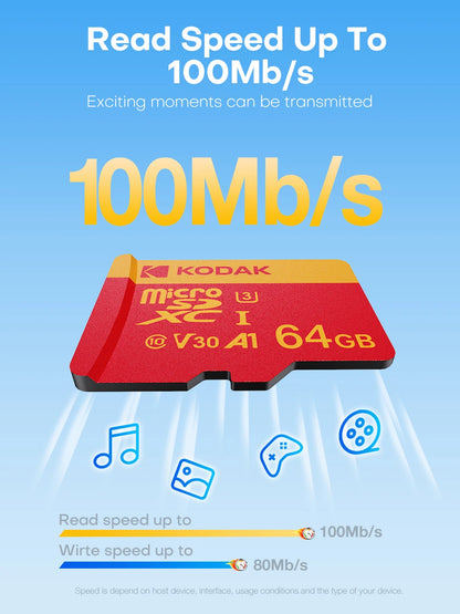 Kodak Mircosd Card with Adapter U3 V30 Class 10 Micro sd Card Memory Card TF Card 32GB/64GB/128GB/256GB Supports 4K & Full HD
