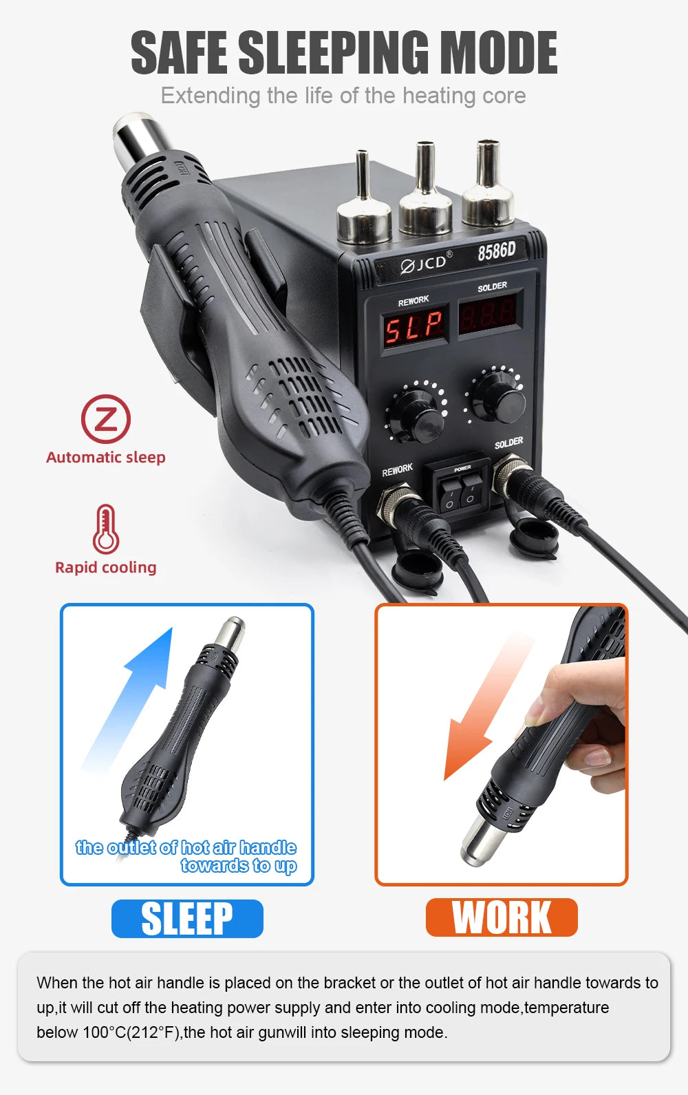 JCD 750W 8586D Soldering Station 2 IN 1 Hot Air Gun LCD Dual Digital Display Electric Soldering Iron SMD Welding Rework Station