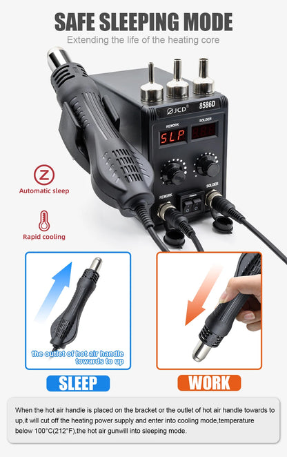 JCD 750W 8586D Soldering Station 2 IN 1 Hot Air Gun LCD Dual Digital Display Electric Soldering Iron SMD Welding Rework Station