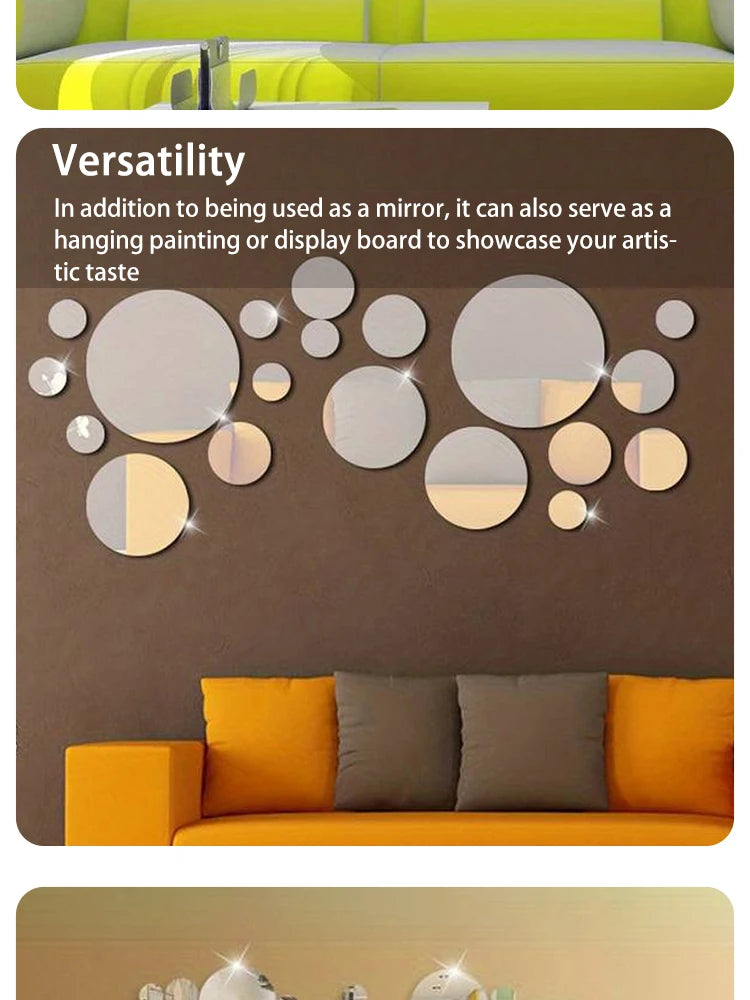26 PCs 3D Acrylic Mirror Wall Stickers, Round Mirror, DIY Bedroom, Bathroom and TV Backroom Stickers Wall Decoration