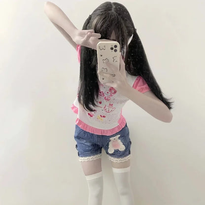 Japanese Girl Woman Clothing Cute Printed Short T-shirts Female Summer Colorful Short Tops Kawaii Pulover Youthful y2k Clothes