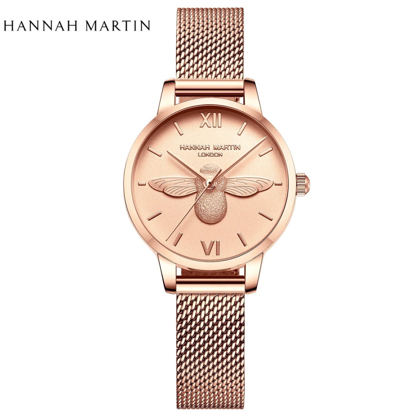 Hannah Martin 2023 New Women Luxury Watch Rose Gold 31mm Classic Casual Girl Dress Watch Bracelet Set 3D Engraved Bee Dial Clock
