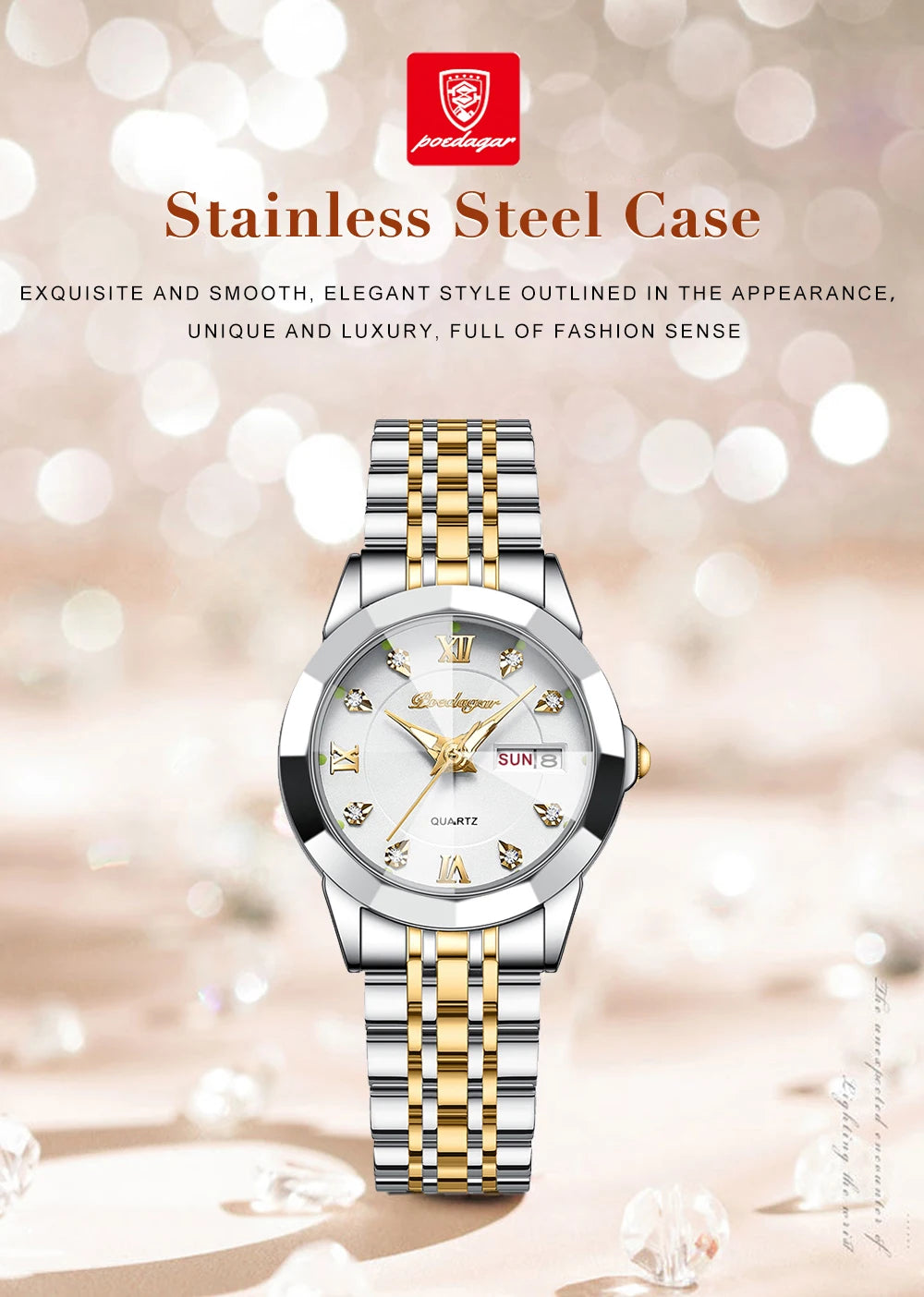 POEDAGAR Luxury Brand Women's Watches Waterproof Luminous Date Week Quartz Watch For Woman Stainless Steel Fashion Ladies Watch