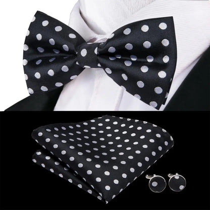 Hi-Tie Mens Bow Tie Hanky Cufflinks Set White Black Gray Silver Pre-tied Butterfly Knot Bowtie for Male Wedding silk Business