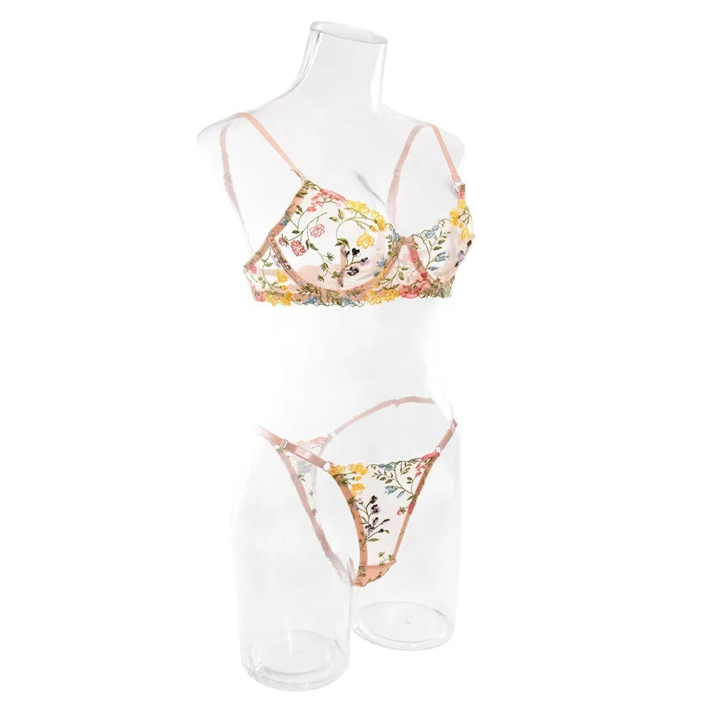 2-Piece Floral Lingerie Set Sheer Embroidery Underwear Intimates Underwire Push-up Versatile Bra Panty Set For Lady Girl