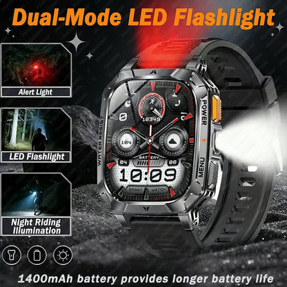 New Rugged Military Smart Watch Men 1400 mAh battery 2.01inch Bluetooth Call Health monitoring device LED flashlight Smart watch
