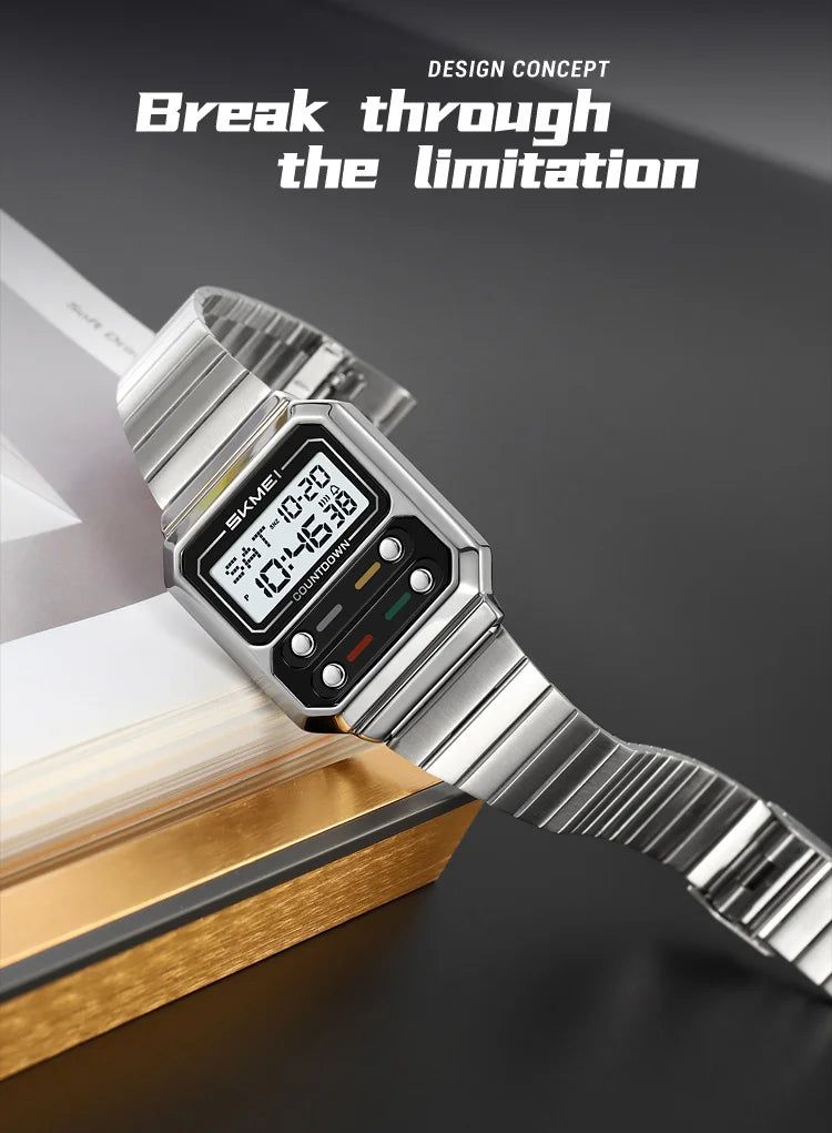 SKMEI 2448 Fashion Men Electronic Watch Vintage Business Luminous Calendar Waterproof Steel Strap Casual Digital Watches for Man