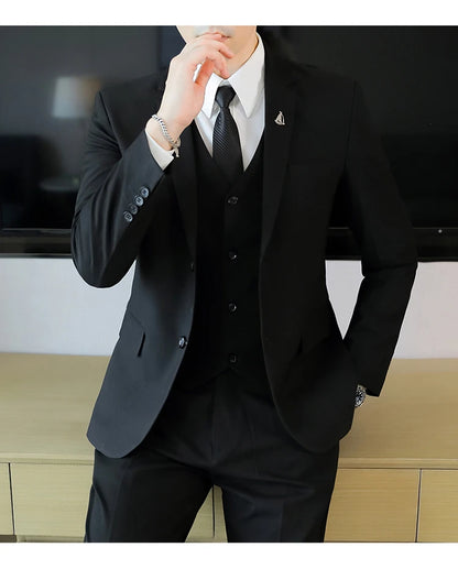 High-End Men's Wedding Suit 3-Piece Set Handsome Banquet Smart Casual Fashionable Three-Quarter Length Vest Trousers Four Season