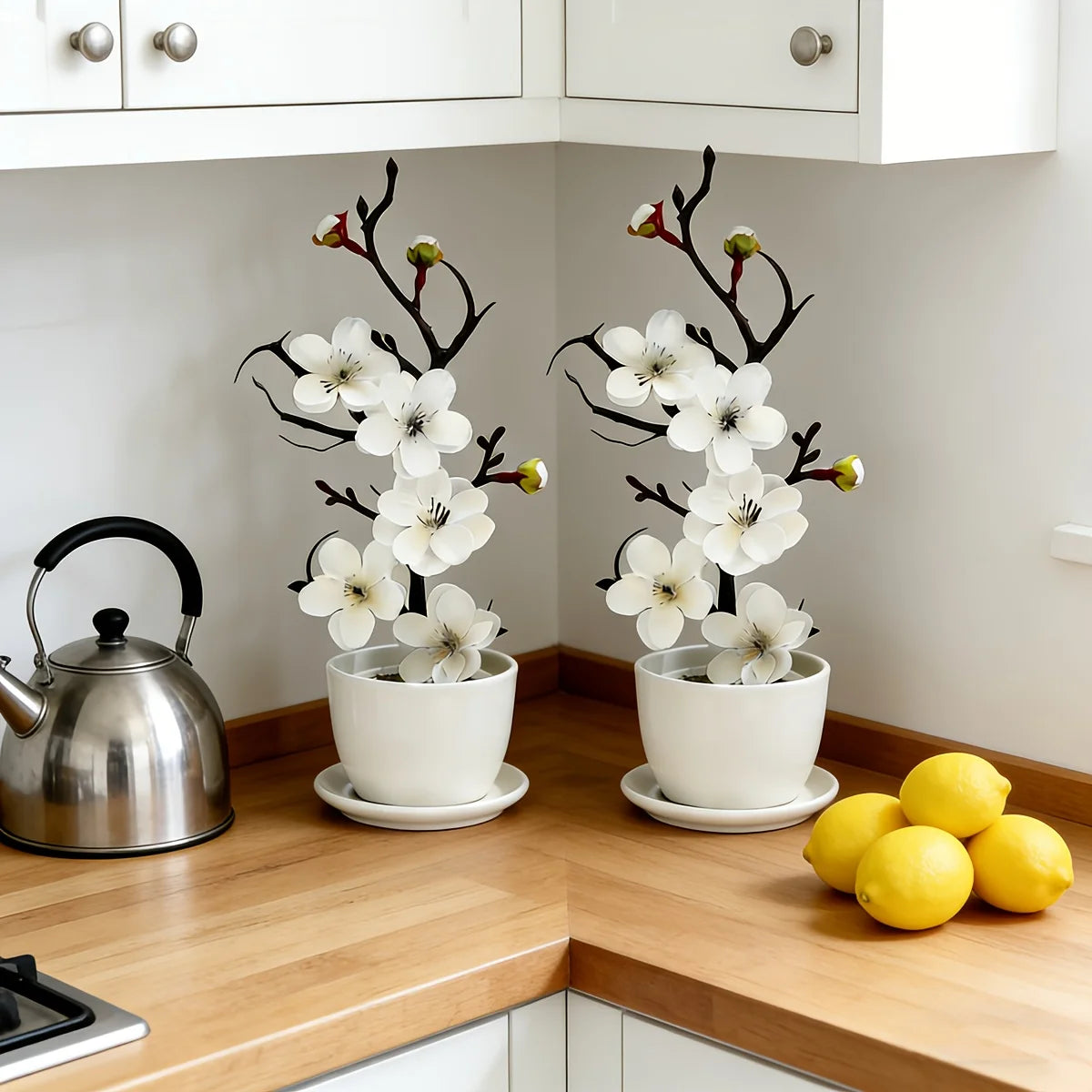 2Pcs Realistic Cream White Wintersweet Artificial Flowers, All-Season Faux Flowers for Holiday Home DIY Decor (No Vase)