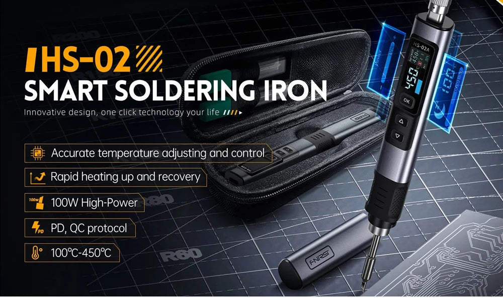 FNIRSI HS-02 Electric Soldering Iron PD100W Power Adjustable 100-450 ℃ Temperature Rapid Heating Repair Portable Toolbox Kit