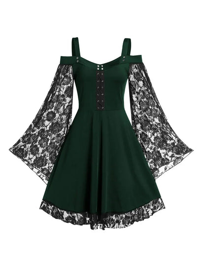 2022 New Gothic One-shoulder Lace Stitching Flared Sleeve Dress Literary Vintage Autumn Grunge Black A-line Dress Punk Partywear