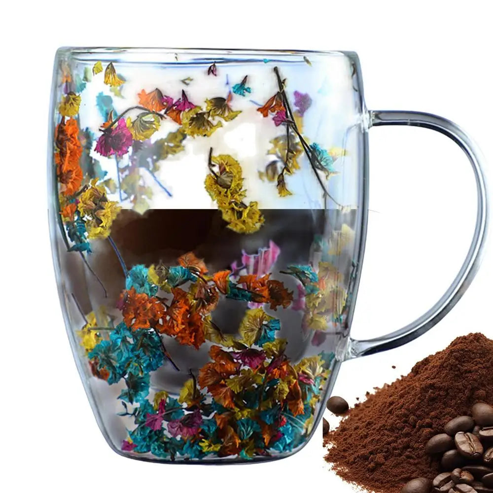 Insulated Layer Flowers Coffee Cup Double Walled Glass Coffee Mug Handle Anti-Scald Glass Mugs Dried Flowers Heat Insulation cup