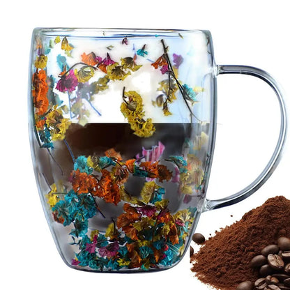 Insulated Layer Flowers Coffee Cup Double Walled Glass Coffee Mug Handle Anti-Scald Glass Mugs Dried Flowers Heat Insulation cup