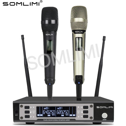 SOMLIMI 135G4 UHF Dual Channels Profession Wireless Microphone System Stage Performance Dynamic Long Distance Metal Handheld