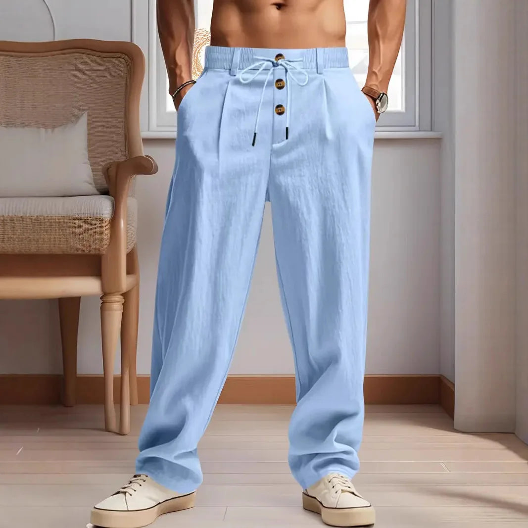 Men's Cotton Linen Long Pants Summer Solid Color Breathable Linen Trousers Male Casual Elastic Waist Casual Pants  Men ﻿