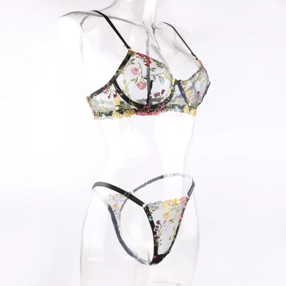 2-Piece Floral Lingerie Set Sheer Embroidery Underwear Intimates Underwire Push-up Versatile Bra Panty Set For Lady Girl