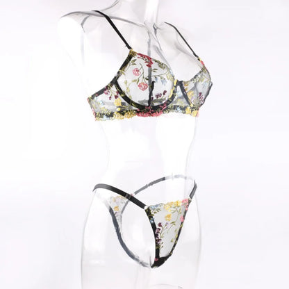 2-Piece Floral Lingerie Set Sheer Embroidery Underwear Intimates Underwire Push-up Versatile Bra Panty Set For Lady Girl