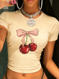 90s Chic Cropped Fashion Cherry Print Crew Neck T-shirt Y2K Short Sleeve Tight Fit Crop Top Spring Summer Women's Clothing