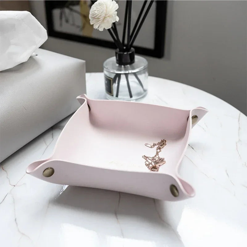 Nordic Leather Desktop Storage Tray Pu Leather Jewelry Cosmetic Key Storage Tray Desktop Folding Organizer Storage Box For Home