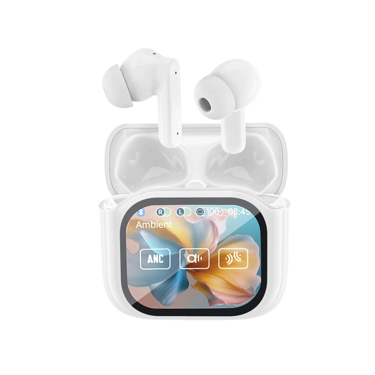Ai Translation Wireless Earbuds with Touchscreen Charging Case, In-Ear Earphones with Microphone, Compatible with TV/Smartphone
