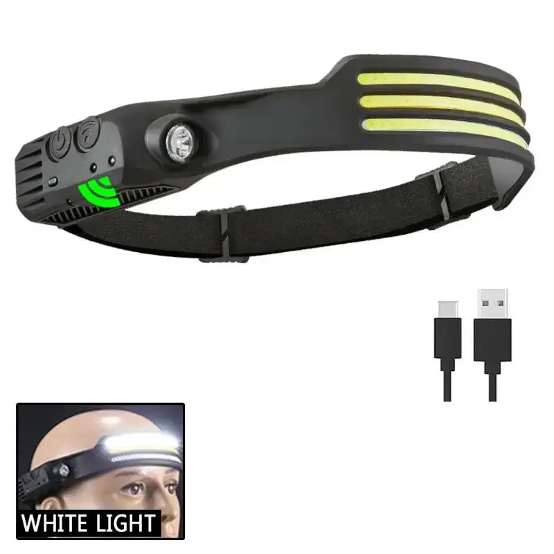 COB LED Headlamp Induction Head Lamp Built-in Battery USB Rechargeable Head Flashlight Outdoor Camping Fishing Sensor Headlight