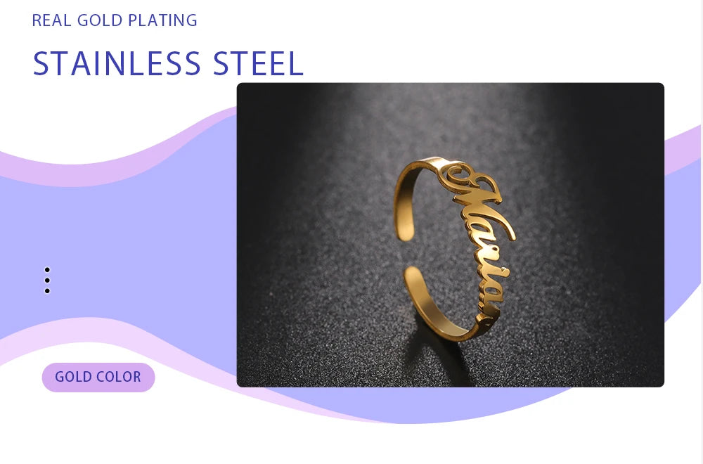 Custom Double First Name Finger Ring For Women Men Personalized Couple Wedding Gift Gold Color Stainless Steel Open Ring Jewelry