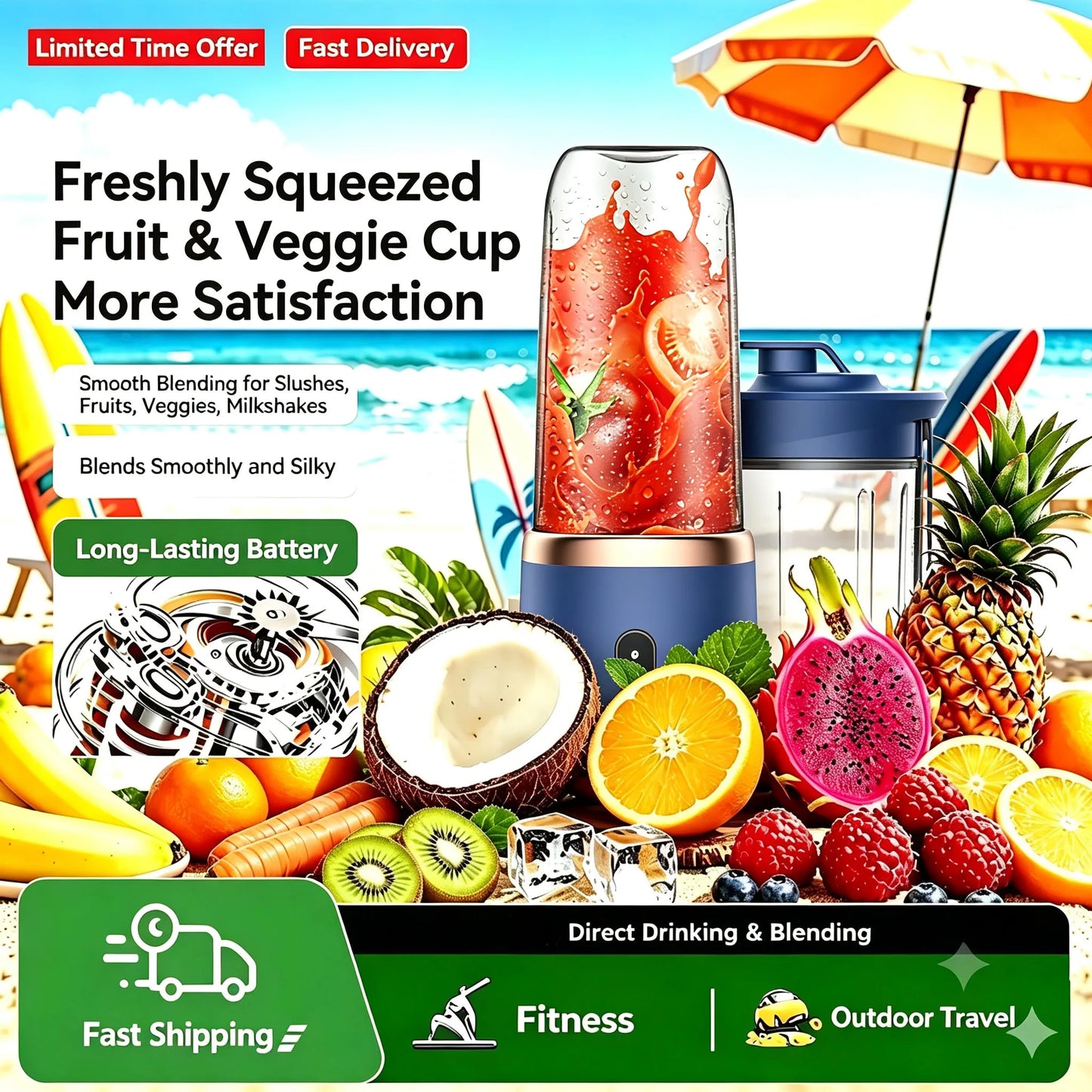 6 Blades Double Cups Portable USB Rechargeable Mini Electric Juicer Bottle Personal Fruit Smoothie Blender Home Gym Camping