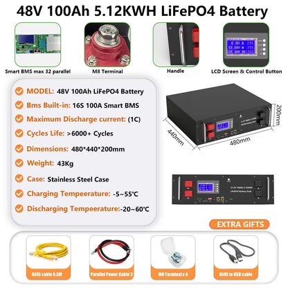 LiFePO4 48V 300AH 15Kwh Battery 51.2V 100AH 150AH 200AH Lithium Solar Home Battery 6000+ Cycles For Home Energy Storage EU Stock