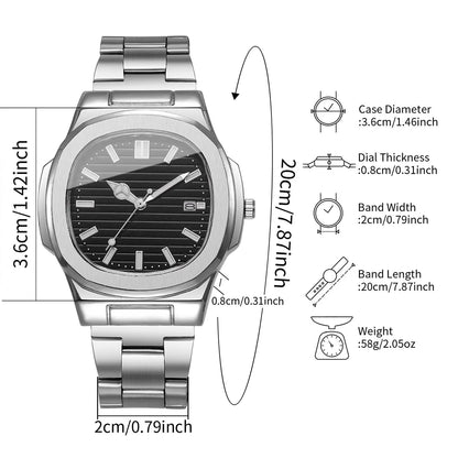 3PCS Fashion Men Business Watches Bracelet Necklace Set Square Dial Stainless Steel Band Quartz Watch with Calendar（Without Box）