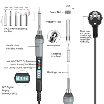 90W Electric Soldering Iron  Adjustable Temperature Digital  LED Display Electronic Welding Repair Tools Solder Tin Iron Tips