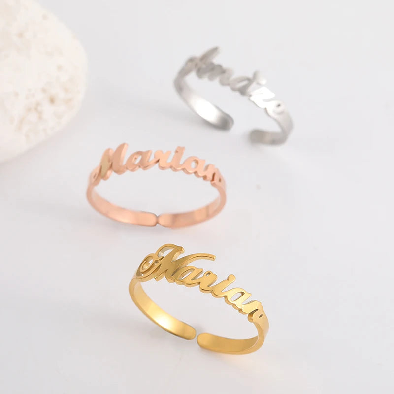 Custom Double First Name Finger Ring For Women Men Personalized Couple Wedding Gift Gold Color Stainless Steel Open Ring Jewelry