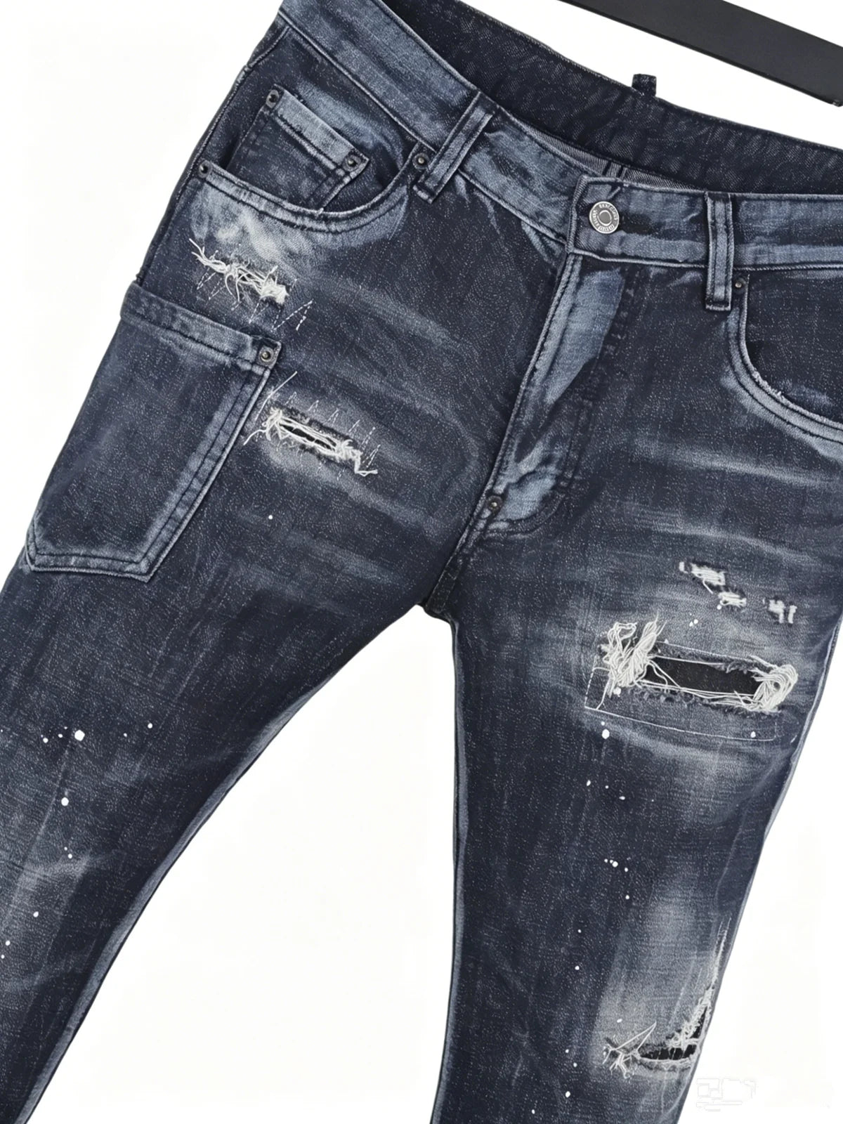 6060 Four Seasons New Men's Washed Ripped Patch Old Slim-fit Straight Black Jeans for Men