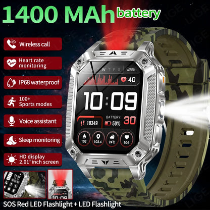 LIGE Wojskowy Inteligentny Zegarek 2.01'' Ekran HD Outdoor Sportowy Męski Zegarek SOS Czerwony Alarm Migająca Latarka Monitor Zdrowia Smartwatch