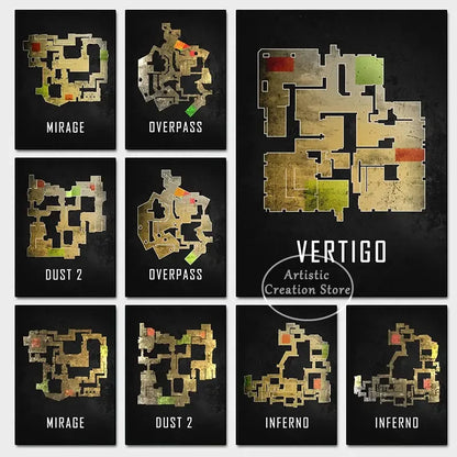Cs Go Maps Poster First Person Shooter Game Dust 2 Nuke Map Black Print Canvas Painting Wall Pictures for Game Room Wall Decor