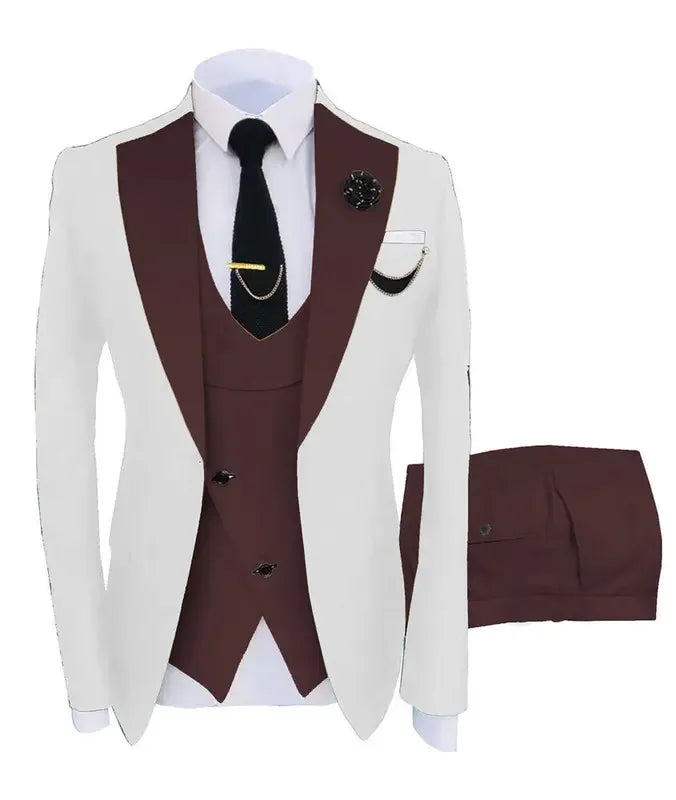 Men's Beige Three-Piece Formal Suit Set Shoulder-attached Collar Formal Wedding And Ball Suit Set Jacket+Vest+Pant