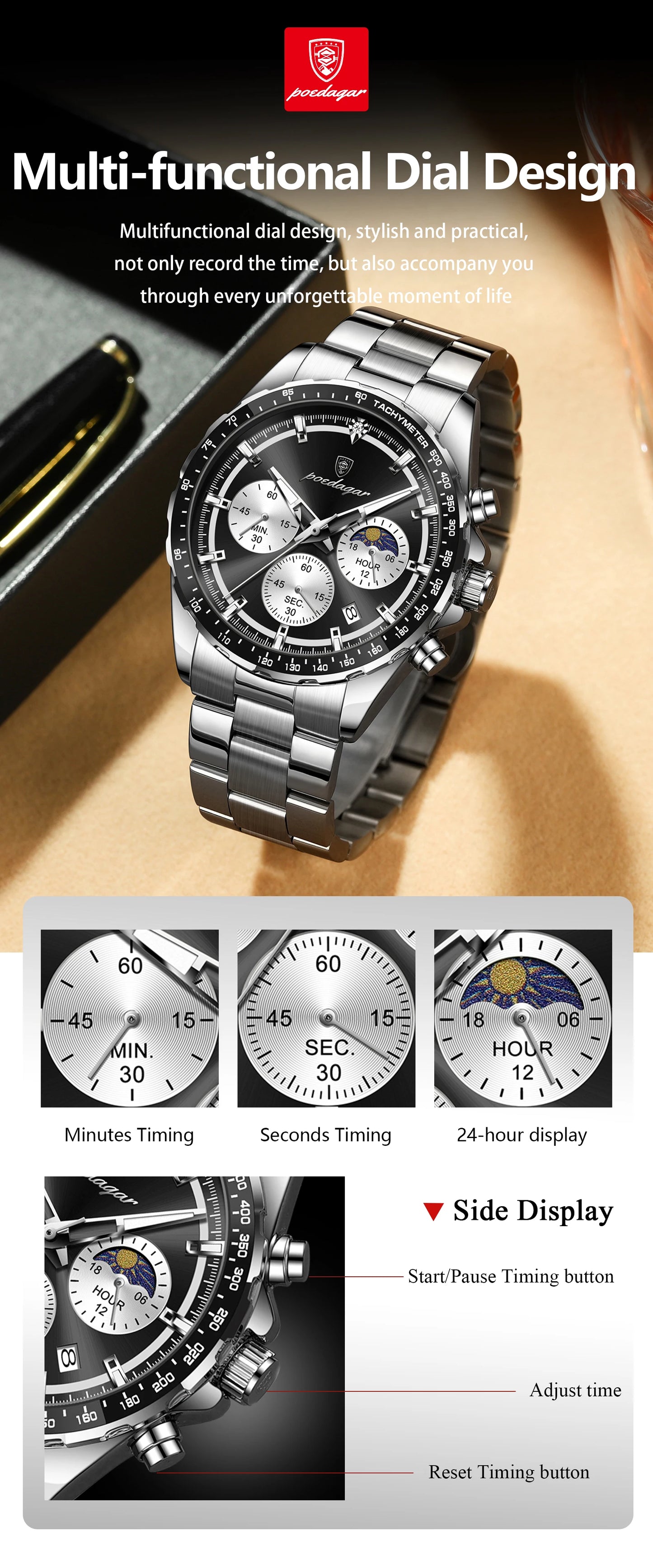 POEDAGAR Top Original Man Wristwatch Waterproof Stainless Steel Luminous Men Clock Chronograph Date Quartz Sports Men's Watches